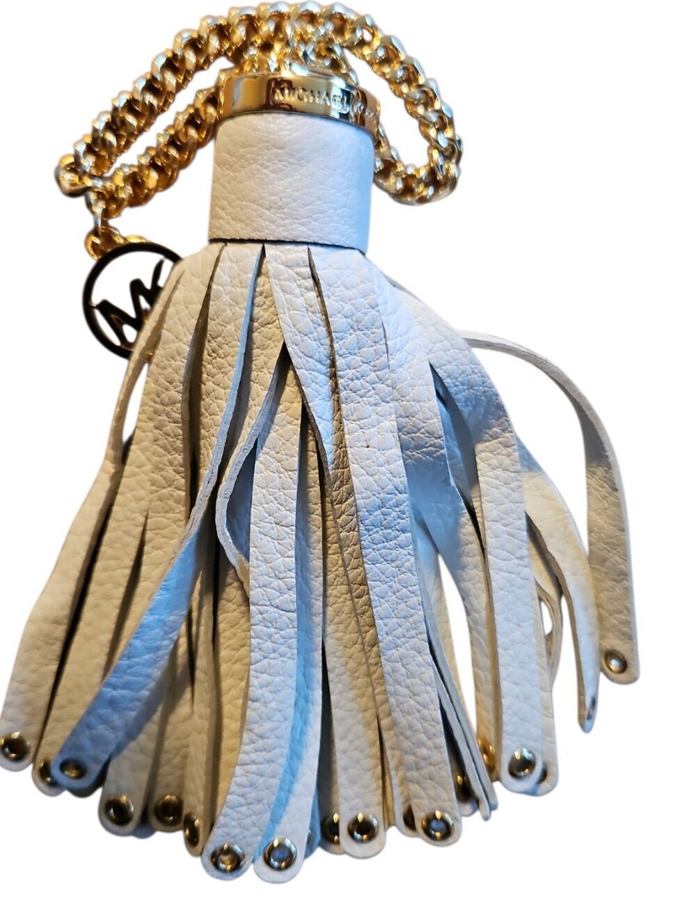 Michael Kors White Leather Tassel Bag Charm Gold Chain Keychain - Picture 4 of 5